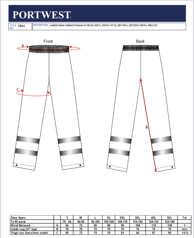 FR43 Portwest® Sealtex® Flame-Resistant Hi-Vis Pants- Size chart